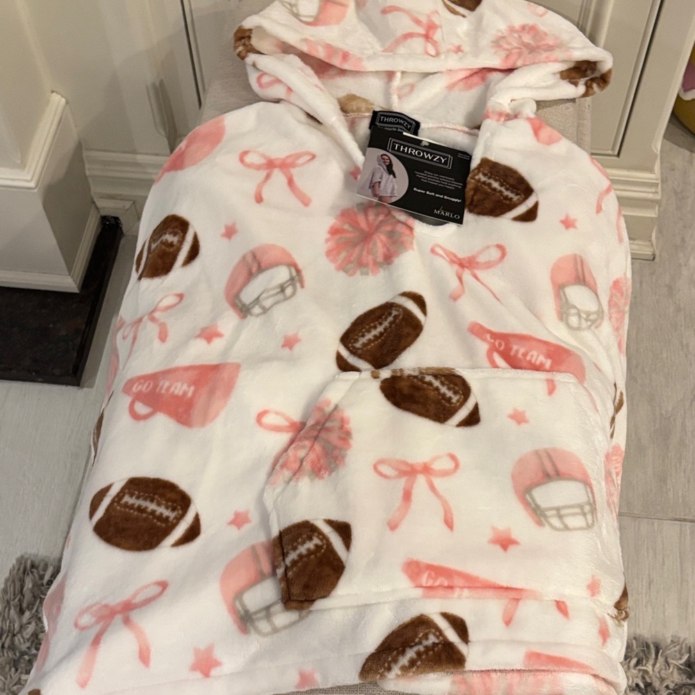 Marlow Pink Bows and Football Themed Hooded Poncho.